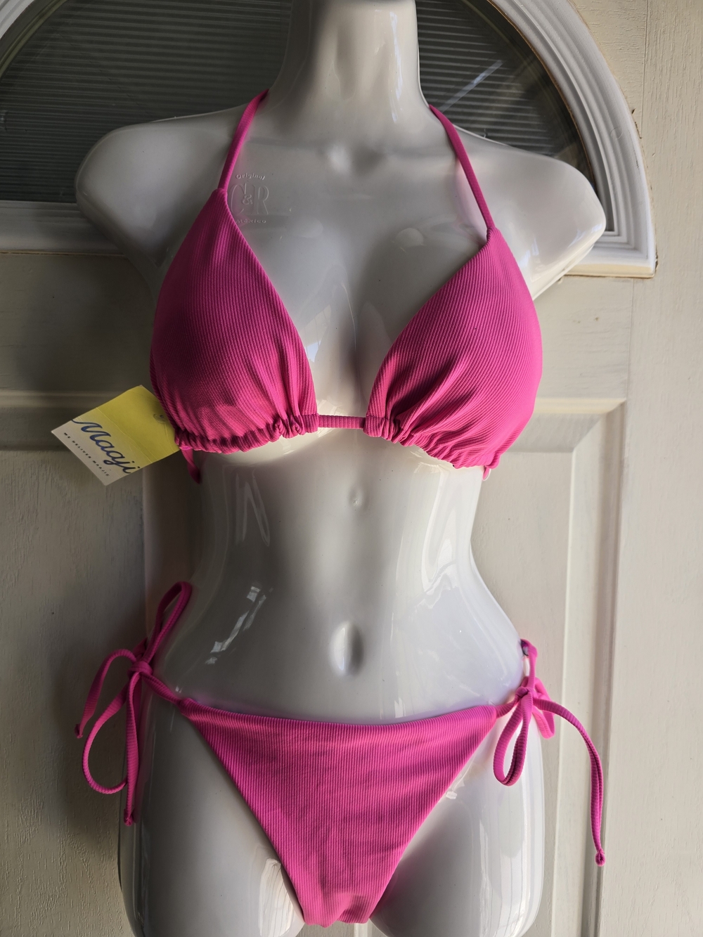 Maaji Hot Pink Floral Double Sided Ribbed Triangle Tie-Side Bikini